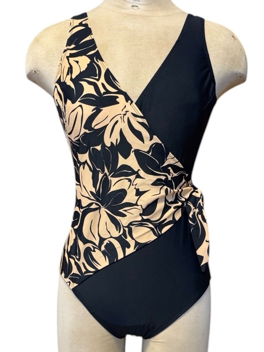 Shore Shapes Swimsuit One Piece Wrap Black Tan Floral 10